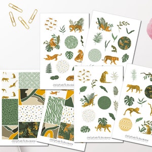 Leopard und Tiger Sticker Set - Journal Sticker, Sticker Tiere, Sticker Natur, Floral, Sommer, Pflanzen, Dschungel, Muster, Zoo, Katzen