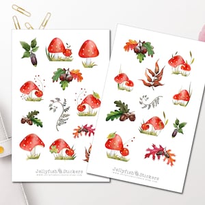 Conjunto de adesivos de cogumelos e bolotas - Adesivos Cogumelos Diário Adesivos Floresta Adesivos Planejador, Adesivos Outono