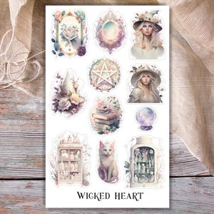 Foglio di adesivi della Strega Bianca - Adesivi, Magia, Incantesimi, Libro delle Streghe, Tarocchi, Gatto, Halloween, Pastello, Fiori, Libri