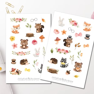 Animaux d’automne ensemble d’autocollants mignons autocollants de journal, autocollants de journal, roses, nature, enfants, forêt, floral, fleurs, animaux de la forêt, ours