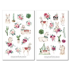 May include: Two sheets of stickers featuring watercolor illustrations of llamas, cacti, succulents, and flowers in shades of pink, red, and green. The stickers are labeled "Jellyfish Stickers" and "Handmade stickers with love."