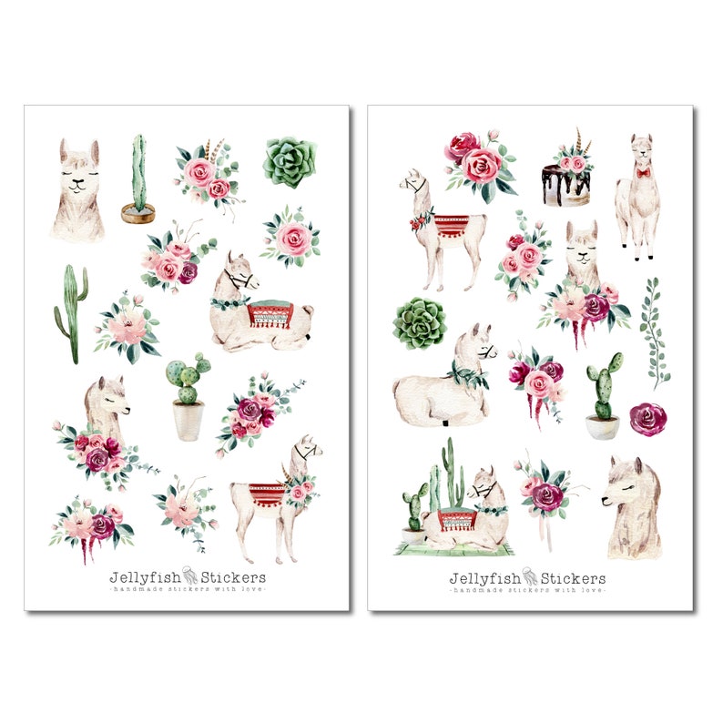 May include: Two sheets of stickers featuring watercolor illustrations of llamas, cacti, succulents, and flowers in shades of pink, red, and green. The stickers are labeled "Jellyfish Stickers" and "Handmade stickers with love."