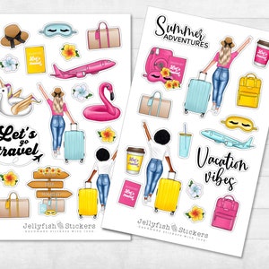 Conjunto de adesivos de férias para meninas - adesivos, adesivos de diário, adesivos de planejador, adesivos de moda, férias, verão, praia, mala, viagem, viagem pela cidade