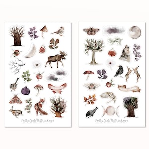 Waldtiere Sticker Set - Journal Sticker, Planer Sticker, Aufkleber Wald, Natur, Winter, Tiere, Fuchs, Vogel, Hase, Wolf, Eule, Mond, Motte