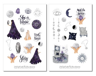 Mädchen Magie Sticker Set – 2 Bögen (18x11 Cm) | Zauber, Kristalle, Mond & Magie | Für Journal, Planer & Deko