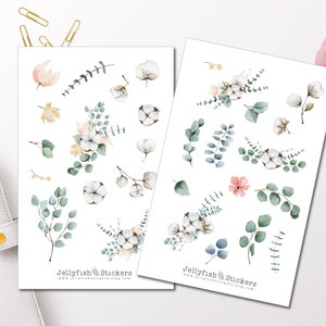 Eukalyptus und Baumwolle Sticker Set - Florale Aufkleber, Journal Sticker, Planer Sticker, Sticker Blätter, Garten, Pflanzen, Blumen