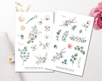 Eucalyptus en katoenstickerset - bloemenstickers, dagboekstickers, plannerstickers, stickerbladeren, tuin, planten, bloemen