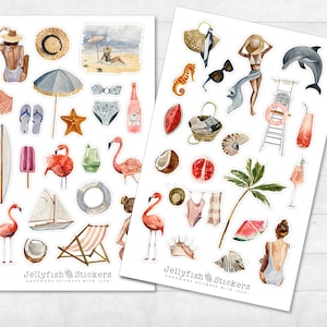 Conjunto de pegatinas de vacaciones de verano - Pegatinas, Pegatinas de diario, Pegatinas Playa, Mar, Diario de viaje, Viaje, Sol, Viaje, Chica, Flamenco