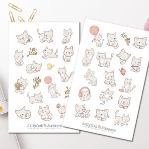 May include: Two sheets of stickers featuring hand-drawn illustrations of adorable gray kittens in various poses. Some kittens hold balloons or flowers. The text "Jellyfish Stickers" is at the bottom of each sheet.