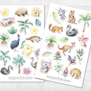 Animals Australia Sticker Set - Autocollants journal, autocollants planificateur, décalcomanies, autocollants été, tropical, plantes, fleurs, kangourou, koala