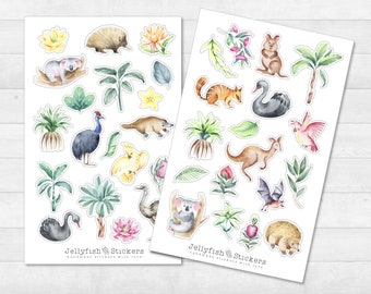 Set di adesivi di animali australiani - Adesivi per diario, adesivi per planner, adesivi, adesivi estivi, tropicali, piante, fiori, canguro, koala