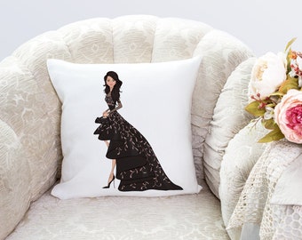 Beautiful woman in elegant dress pillow cover, bedroom, living room,