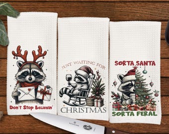 Adorable Christmas Racoons  Kitchen towels, Great for Dorms, Kitchen Decor, Hostess Gift, Dish Towel, Housewarming. Wedding Gift, Hand Towel