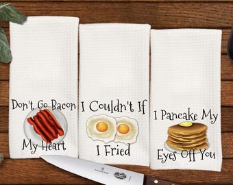 Funny Breakfast kitchen towel set, Great gift for Mom, Hostess Gift, Dish Towels, Housewarming Gift, Wedding Shower Gift, Hand Towel, Set #1