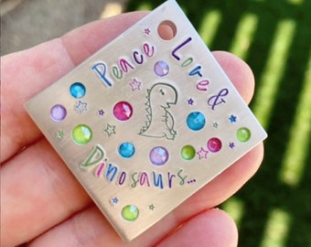 Custom Swarovski Crystal keychain, Peace, Love and Dinosaurs, Swarovski Crystal,  Crystal keychain, Custom Tag, Personalized Tag, 1.5 Inch
