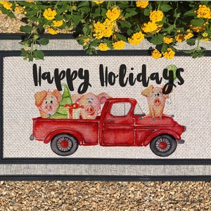 Funny Christmas Doormat, Red Truck and Pigs, Merry Christmas, Seasons Greetings, Happy Holidays, outdoor rug, Shipping Included