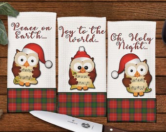Singing Owls Christmas Kitchen Towels, Great gift for Mom, Kitchen Decor, Hostess Gift, Housewarming Gift, Wedding Gift, Set of 3, set #1,