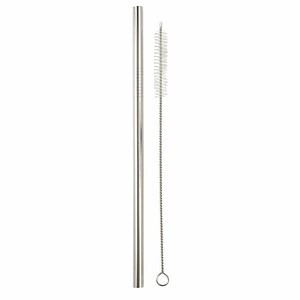 May include: A silver metal reusable drinking straw with a cleaning brush. The straw is straight and has a rounded end. The brush is made of white bristles and has a silver wire handle.