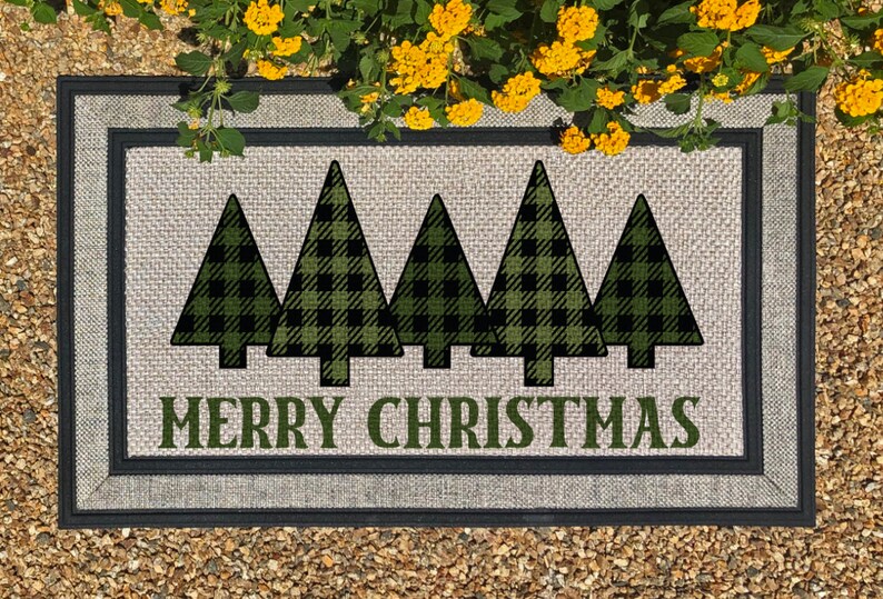 Christmas Doormat, Beautiful buffalo plaid pine trees, Great for Christmas at the cabin, housewarming or newlyweds, Shipping Included image 1