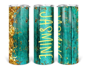 Beautiful personalized Turquoise wood and gold glitter look tumbler, customized with your name, 20 or 30 ounce available