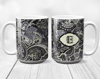 Black and cream Paisley coffee mug, Monogrammed coffee cup, 11 and 15 oz available