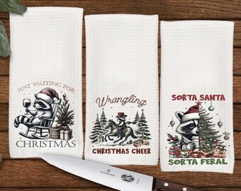 Adorable Christmas Racoons  Kitchen towels, Great for Dorms, Kitchen Decor, Hostess Gift, Dish Towel, Housewarming. Wedding Gift, Hand Towel