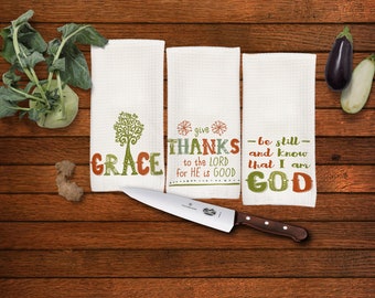 Christian quotes kitchen towel set, inspirational quotes, Great gift for Mom, Housewarming Gift, Wedding Gift,  choose 3 quotes