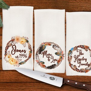 Bohemian Feather Wreath Personalized Kitchen Towel set, Great gift for newlyweds, Housewarming Gift, Wedding Gift, hand towel, set of 3