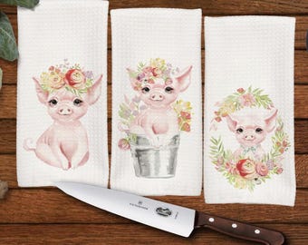 Piglet Kitchen Towel Set, Floral Crown Pigs, Housewarming Gift