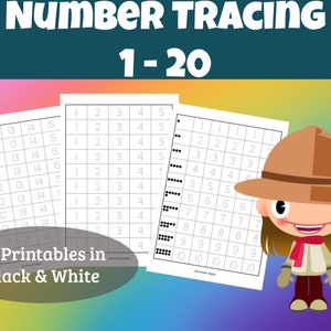 Number Tracing 1 - 20, 16 Printable Worksheets  for Preschool Kindergarten Homeschool Busy Books Handwriting Numbers and Counting