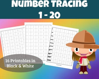 Number Tracing 1 - 20, 16 Printable Worksheets  for Preschool Kindergarten Homeschool Busy Books Handwriting Numbers and Counting