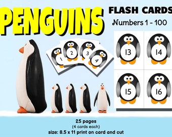 Number Flashcards 1 to 100. Printable Flashcards with Numbers 1 - 100 Printables Kindergarten Preschool Homeschool - Penguin Flash Cards