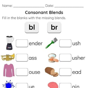 May include: A worksheet with pictures and words to help children learn consonant blends. The worksheet has two columns, one for "bl" and one for "br". Each row has a picture and a word with a blank space for the child to fill in the missing blend. For example, the first row has a picture of a blender and the word "ender". The child would fill in the blank with "bl" to make the word "blender".
