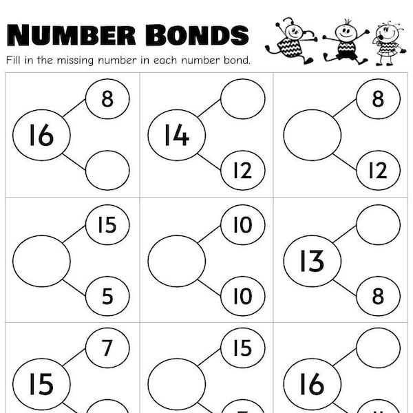 10 Printable Number Bonds Math Worksheets, Numbers 1 to 20, Kindergarten, First Grade, Homeschool