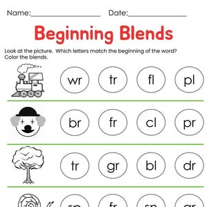 10 Printable Beginning Blends Worksheets for Kindergarten Preschool Homeschool, Educational Printables, Homework Worksheets, Blend Sounds