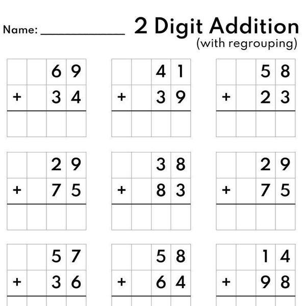 10 Printable Two Digit Addition Worksheets, Double Digit Addition Worksheets, 1st Grade, 2nd Grade Math Worksheet Printable PDF 120 sums