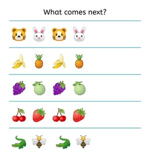 May include: A worksheet with a series of images in rows. Each row has a pattern of two images that repeats. The student must identify the next image in the pattern. The images include a lion, a rabbit, a banana, a pineapple, grapes, a melon, a cherry, a strawberry, an alligator, and a bee.
