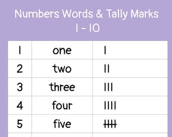 Numbers 1 - 20, Number Words and Tally Marks Printable Worksheet Kindergarten Homeschool Busy Book