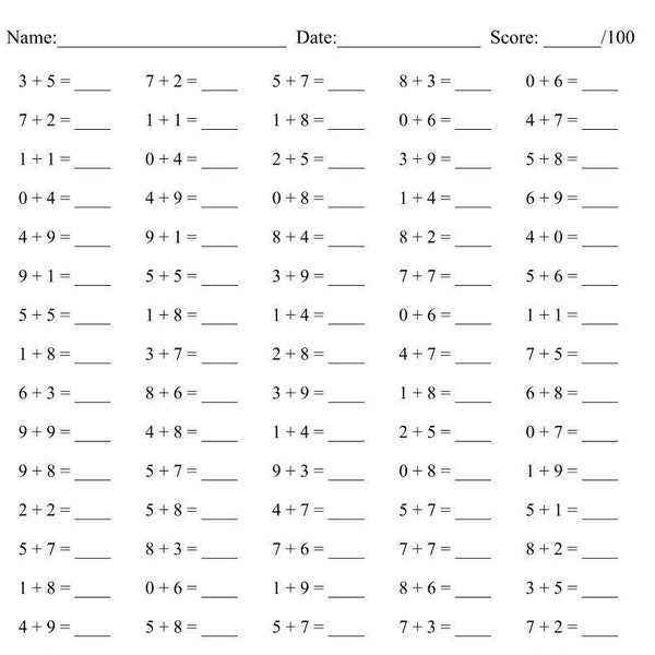 10 Printable Math Drills Addition, Numbers 0 to 9, Practice Speed Counting, Instant Download, Homework Practice, Math Worksheets