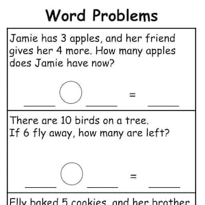 Puede incluir: Una hoja de trabajo en blanco y negro con tres problemas de palabras para niños. Los problemas implican sumar y restar números. El primer problema pregunta cuántas manzanas tiene Jamie después de que su amigo le dé más. El segundo problema pregunta cuántos pájaros quedan en un árbol después de que algunos se vayan volando. El tercer problema pregunta cuántas galletas hornearon Elly y su hermano en total.
