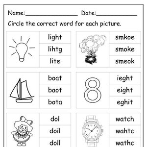 10 Printable Circle The Correct Word, Spelling for Kindergarten Preschool Homeschool, Homework Practice, Word Recognition