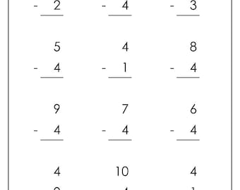 20 fogli di lavoro stampabili per sottrazioni di numeri da 1 a 10 per la scuola materna, l'asilo e la prima elementare. Matematica per la scuola materna.