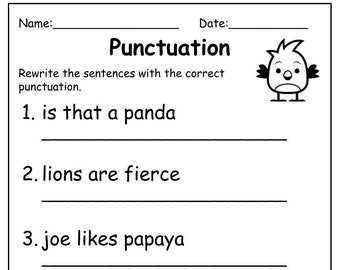 Printable Punctuation Worksheets, Punctuation Practice Worksheets for Kids, Punctuation Sentences, Punctuation Marks Practice Kindergarten
