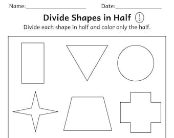 Printable Fractions Worksheet, Teaching Half to First Grade Back to School, Homeschool, Homework Worksheets, Cut a Shape in Half, Fractions.