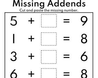 20 Printable Missing Addends Worksheets, Numbers 1-10 for Kindergarten-1st Grade-2nd Grade Math, Addition Worksheets, Math Worksheets