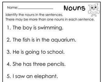 10 Printables Nouns Worksheets for Grade 1 - 3, Identify The Nouns, ESL Learners, Homeschool Homework Practice, Grammar Worksheet