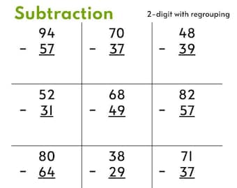 10 Printable Two Digit Subtraction Worksheets (With Regrouping), Math Subtraction Worksheets, 1st Grade 2nd Grade Math Worksheets PDF