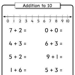 以下が含まれることがあります： 0 から 10 までの数直線のある白黒のワークシート。ワークシートには、7 + 2 =、4 + 3 =、5 + 2 =、1 + 6 =、8 + 2 =、0 + 0 =、6 + 3 =、9 + 1 =、5 + 3 =、2 + 8 = などの、合計が 10 になる足し算の問題が書かれています。