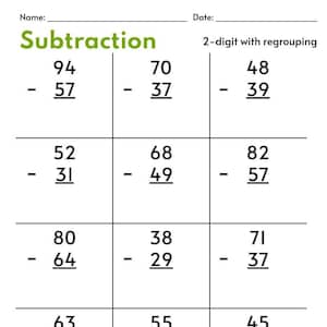 10 Printable Two Digit Subtraction Worksheets (With Regrouping), Math Subtraction Worksheets, 1st Grade 2nd Grade Math Worksheets PDF