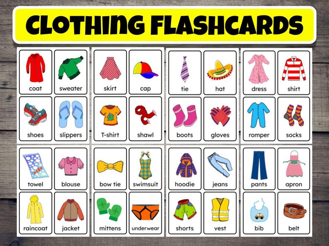 Printable Clothing Flashcards, Learning Cards for Kids, Preschoolers,  Kindergarten, Vocabulary Learning Cards, 32 Clothing Flashcards -   Canada